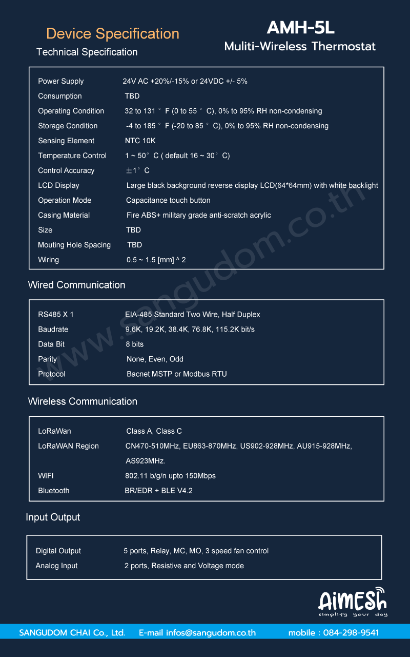 Thermostat Multi-Wireless Wifi BLE BACnet MSTP Modbus RTU LoRaWAN RS485 Aimesh AMH-5L