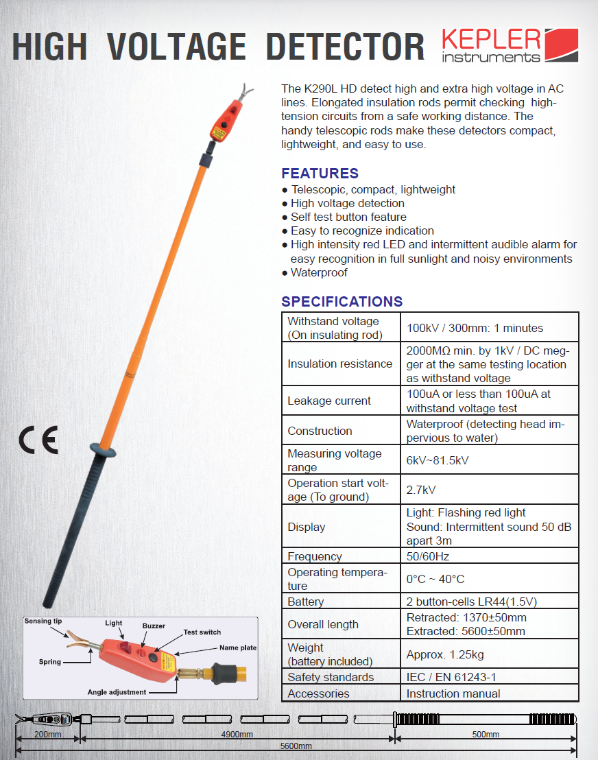 เครื่องตรวจจับแรงดันไฟฟ้าแรงดันสูง (HIGH VOLTAGE DETECTOR) แบรนด์ : KEPLER รุ่น : K290L HD
