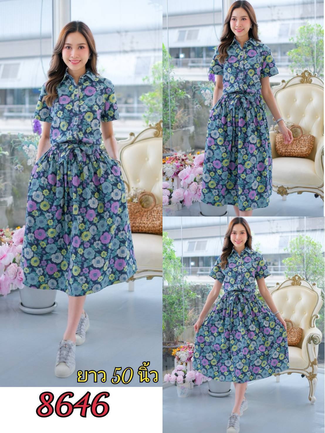 เดรสยีนส์ #8646 ขนาดฟรีไซส์ อก40" (ชุดติดกัน) พิมพ์ลายดอกไม้ทั้งตัวสวยมาก ผ้ายีนส์เนื้อนิ่มแบบสวย ใส่ได้หลายโอกาส
