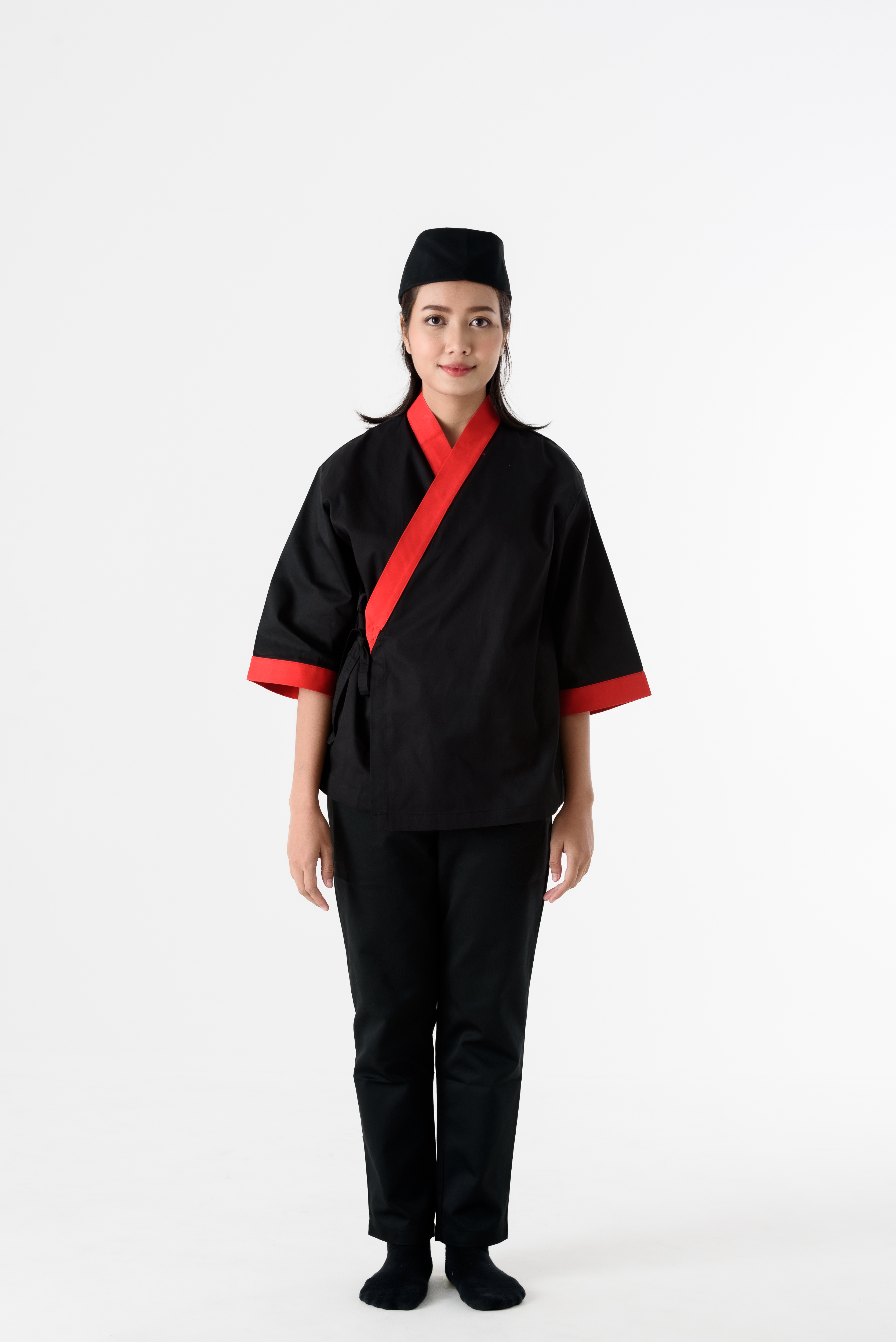 DFS008 Japanese Chef Jacket in black with red rim เสื้อเชฟญี่ปุ่น สีดำ คลิบแดง
