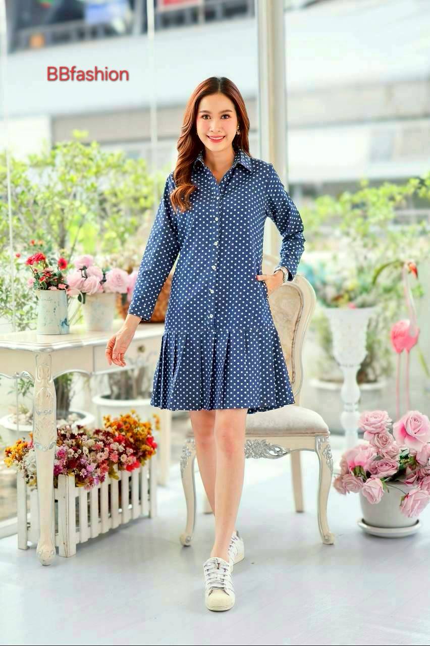 เดรสยีนส์ #8730 ผ้ายีนส์เนื้อนิ่มคอเชิ้ตแต่งระบายชายน่ารัก แบบสวยใส่ได้หลายโอกาส