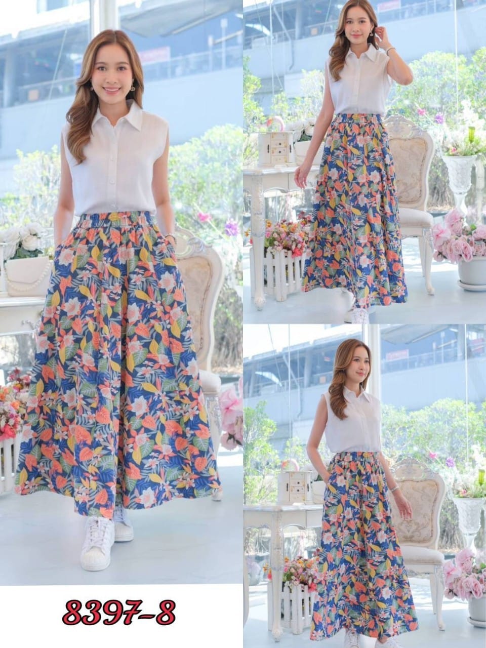 กระโปรงยีนส์ #8397-8 (B) ขนาดฟรีไซส์ เอวสม็อค 26" ยืดได้ถึง 34" กระโปรงยีนส์ยาว พิมพ์ลายกดอกไม้ทรงสวยใส่สบาย