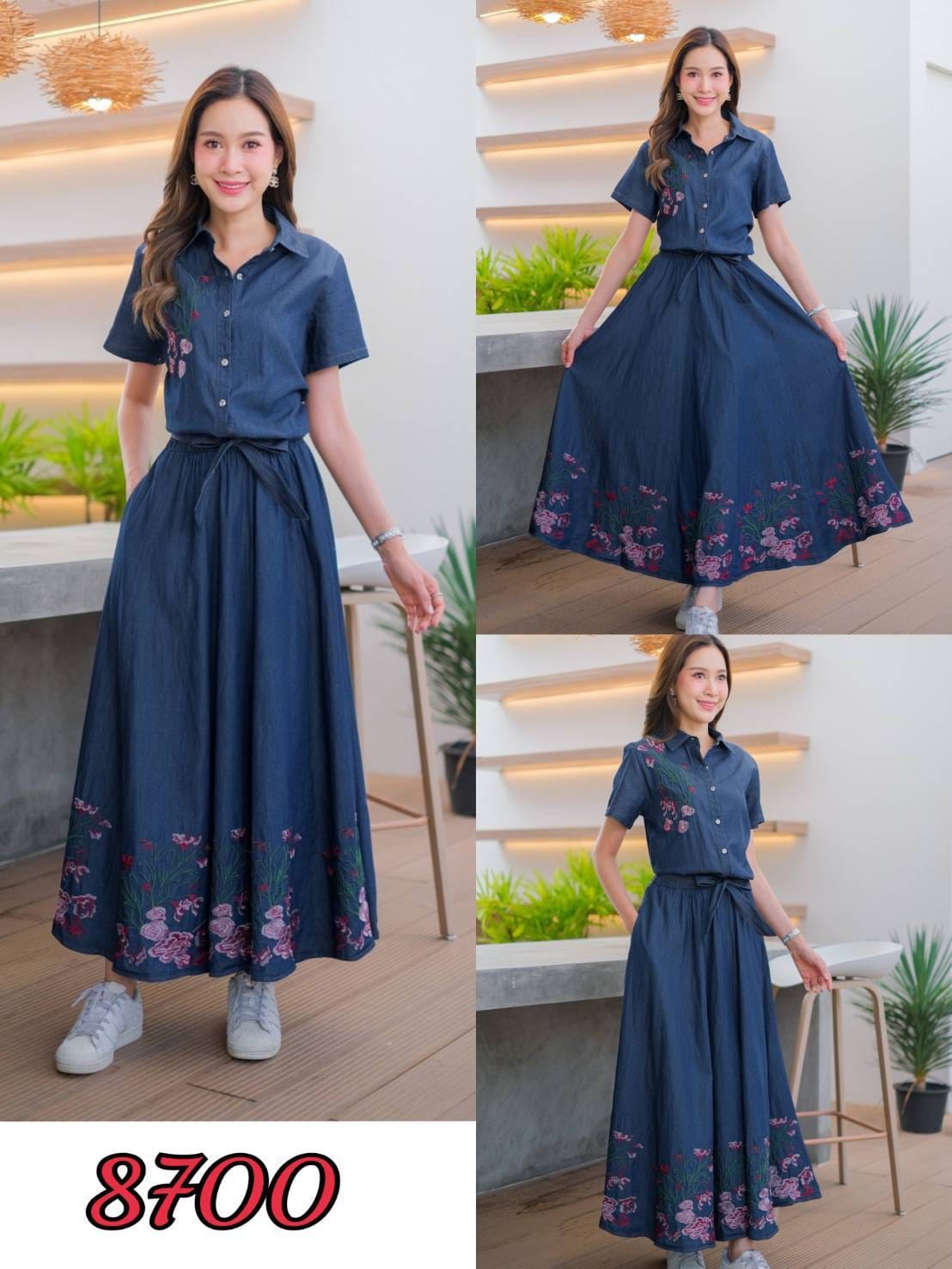 แมกซี่เดรสยีนส์ #8700 (B) (ชุดยีนส์ยาว-ชุดติดกัน) ปักลายดอกไม้ชสวยหรู ขนาด Free size รอบอก 40"