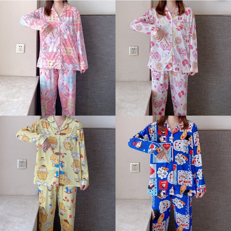เสื้อผ้าแฟชั่นผู้หญิง ชุดนอนคอตต้อน ลายใหม่ฮิต ผสมการ์ตูน เสื้อแขนยาวกระดุมหน้าคอปกกางเกง