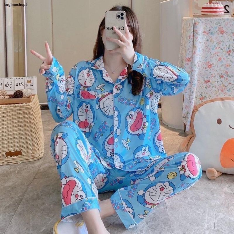 เสื้อผ้าแฟชั่นผู้หญิง ชุดนอนคอตต้อน ลายใหม่ฮิต ผสมการ์ตูน เสื้อแขนยาวกระดุมหน้าคอปกกางเกง