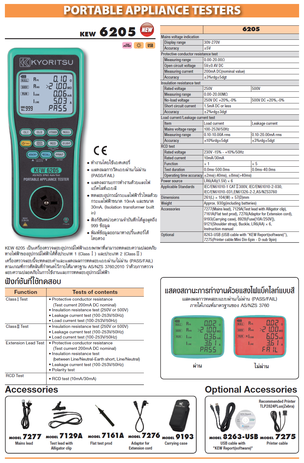 KYORITSU เครื่องตรวจสอบอุปกรณ์ไฟฟ้าแบบพกพา รุ่น KEW 6205