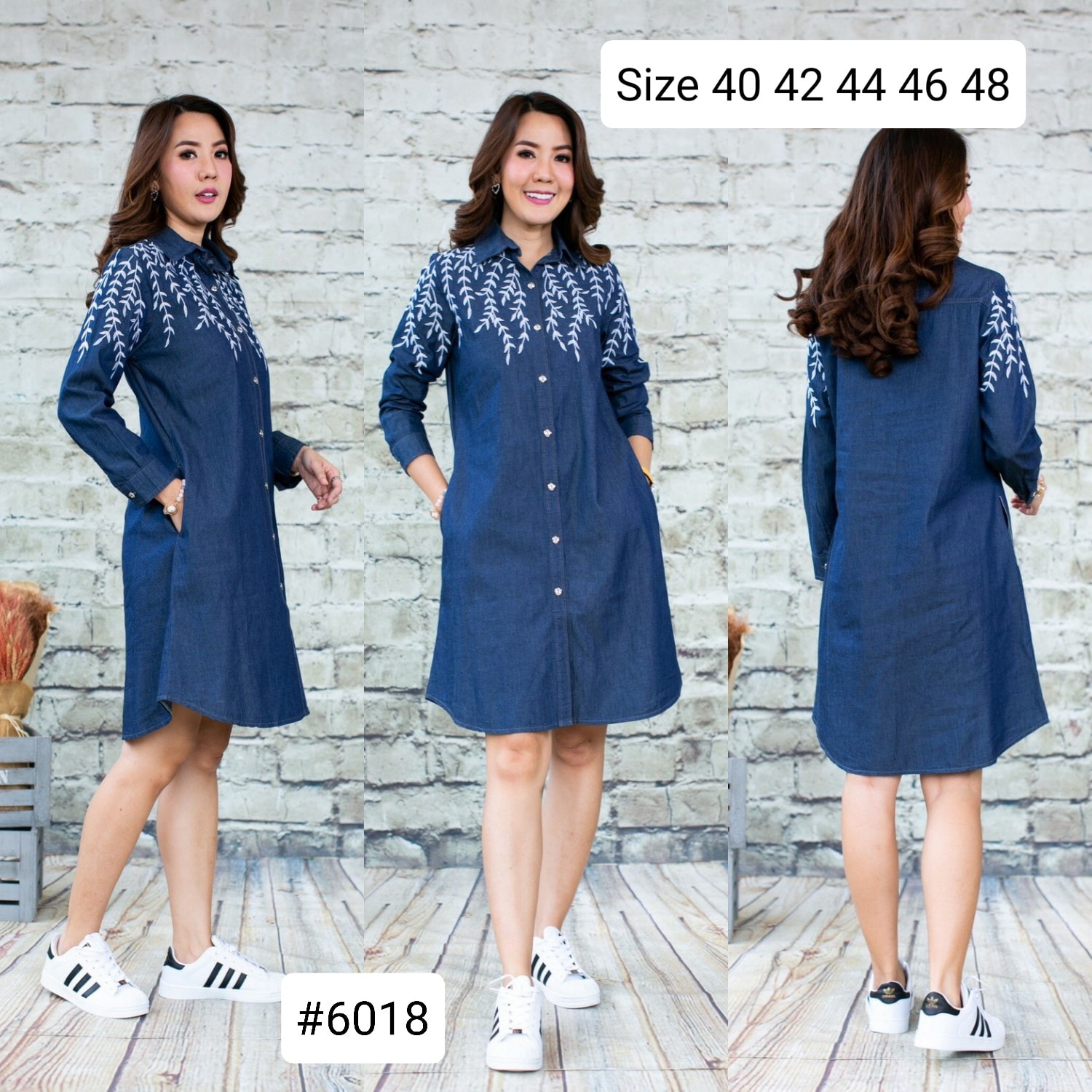 Size 40" 42" 44" 46" 48" เดรสยีนส์คอเชิ้ต(ชุดยีนส์สั้น) ผ้ายีนส์เนื้อนิ่ม ใส่สบาย ไม่ร้อน ปักลายดอกไม้สวยสดใส ใส่ได้หลายโอกาส
