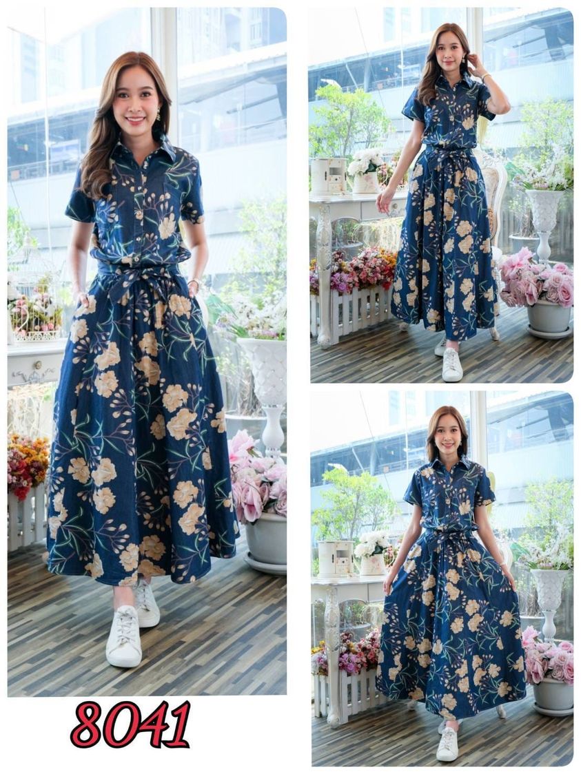 แมกซี่เดรสยีนส์ #8041 (ชุดยีนส์ยาว-ชุดติดกัน) พิมพ์ลายดอกไม้สีสดใสแบบสวยมาก ขนาด Free size รอบอก 40"