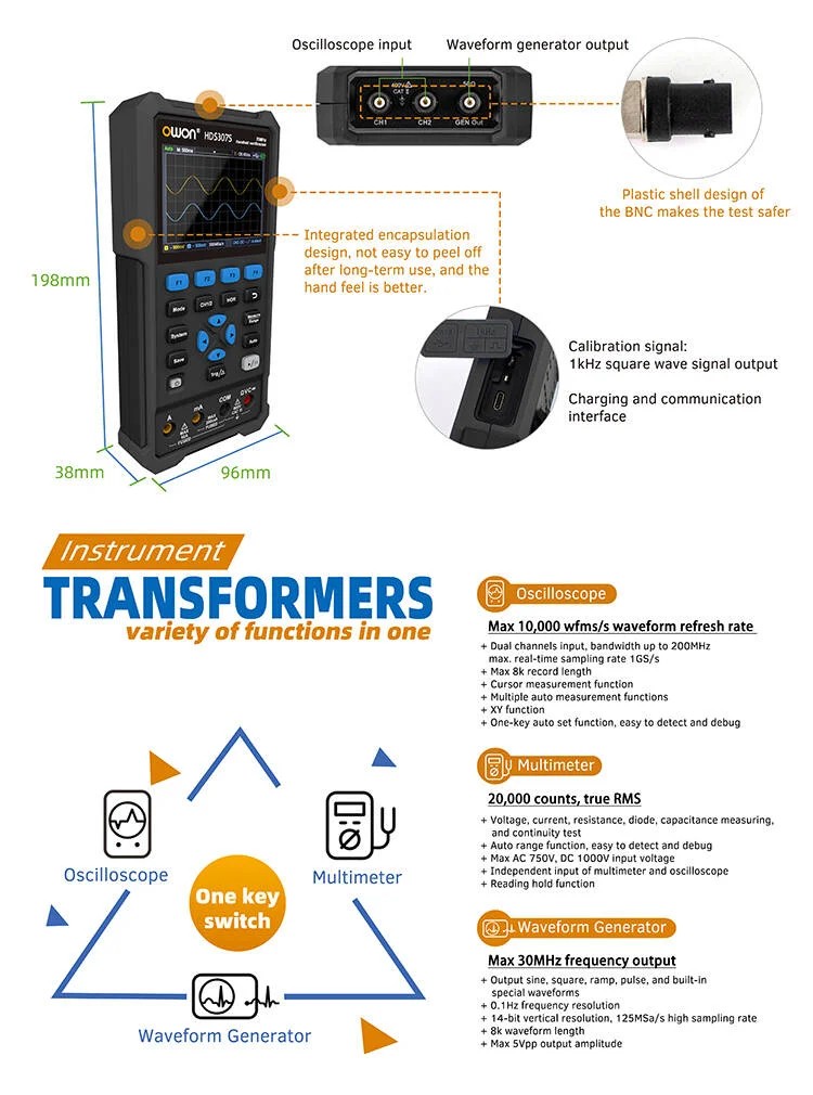 Owon รุ่น HDS310S ออสซิลโลสโคปแบบพกพา, มัลติมิเตอร์, และเจนเนอเรเตอร์