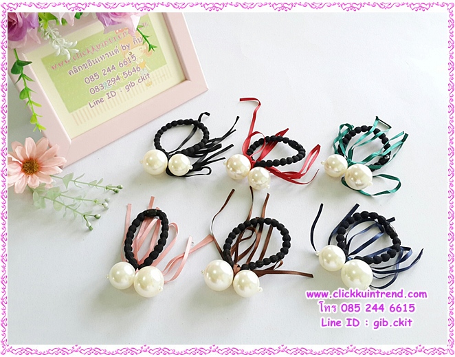 ยางรัดผม สีดำ แต่งมุกคู่ ผูกโบสี งานสไตล์เกาหลี ขายส่ง เซต 12 ชิ้น