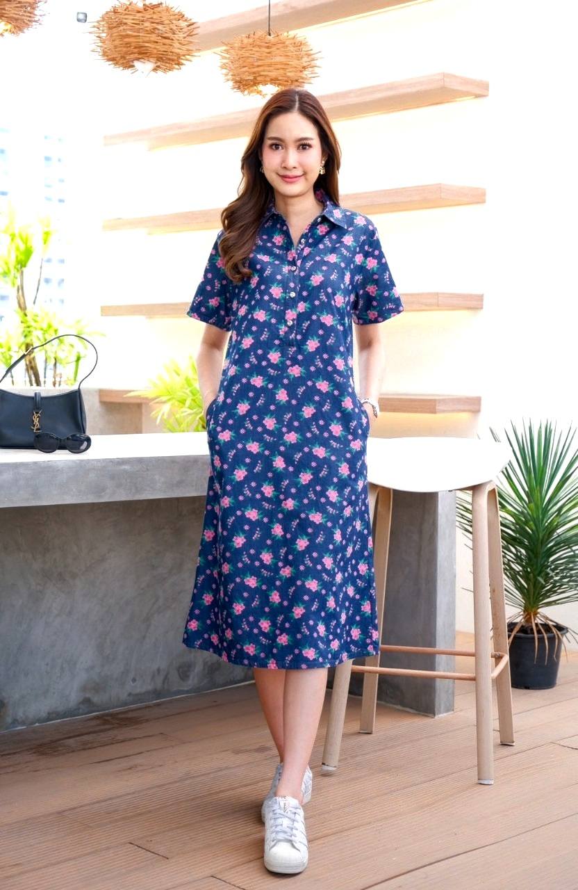 ชุดยีนส์ #8773 เดรสยีนส์พิมพ์ลายสวยหรูท้้งตัว ผ้ายีนส์แท้เนื้อนิ่มแบบสวย ใส่สบายส่ได้หลายโอกาส