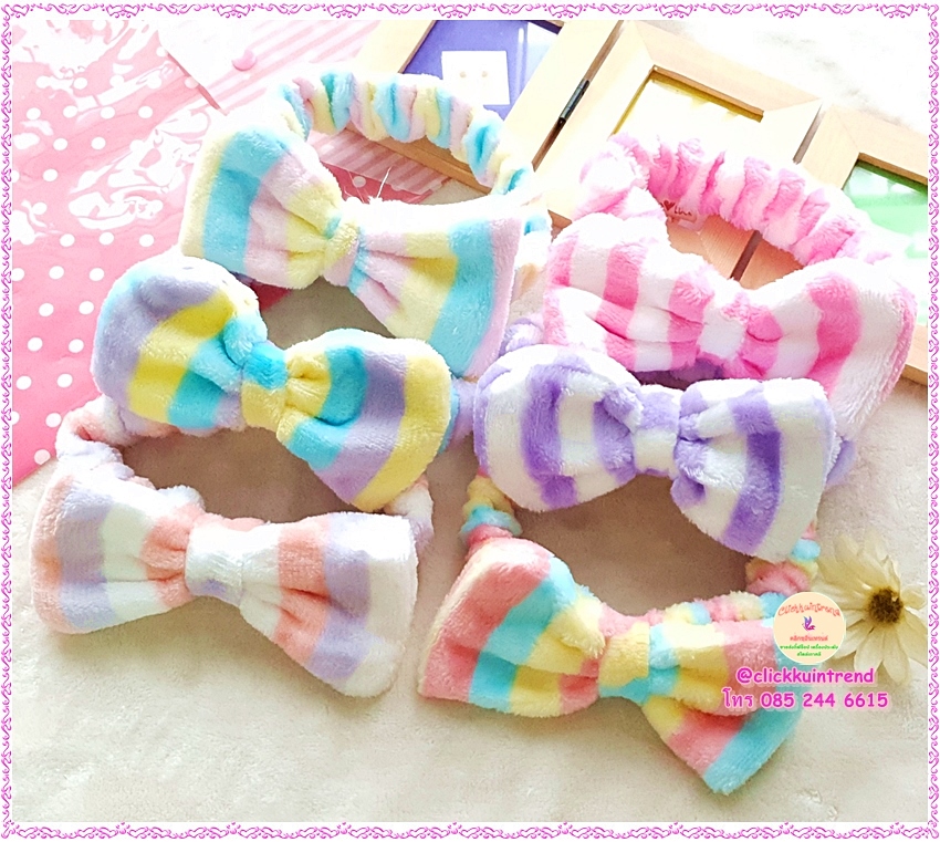 ผ้าคาดผม แบบผ้าขนนุ่ม ใส่สายยางยืดเย็บด้านใน ด้านบนเป็นโบ ขายส่ง เซต 10 ชิ้น