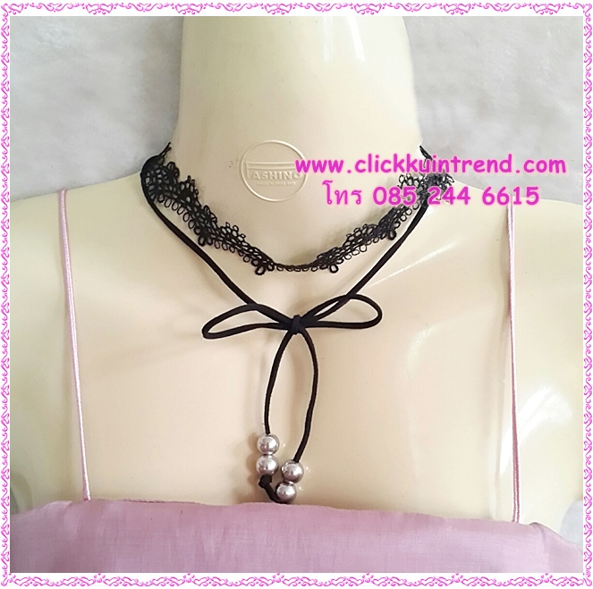 สร้อยคอโชคเกอร์ ลูกไม้สีดำ และเชือกดำ มีโบมาผูกปลายห้อยลูกปัดเงิน