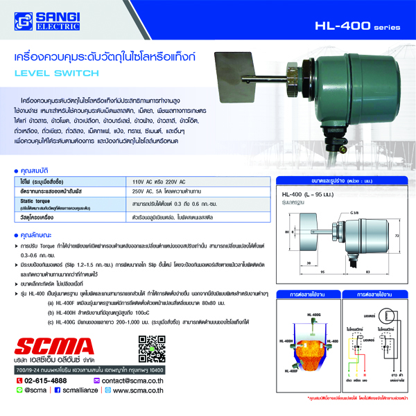 เครื่องควบคุมระดับแบบใบพัด SANGI รุ่น HL-400 (L=95mm) (Level switch - Rotary paddle)