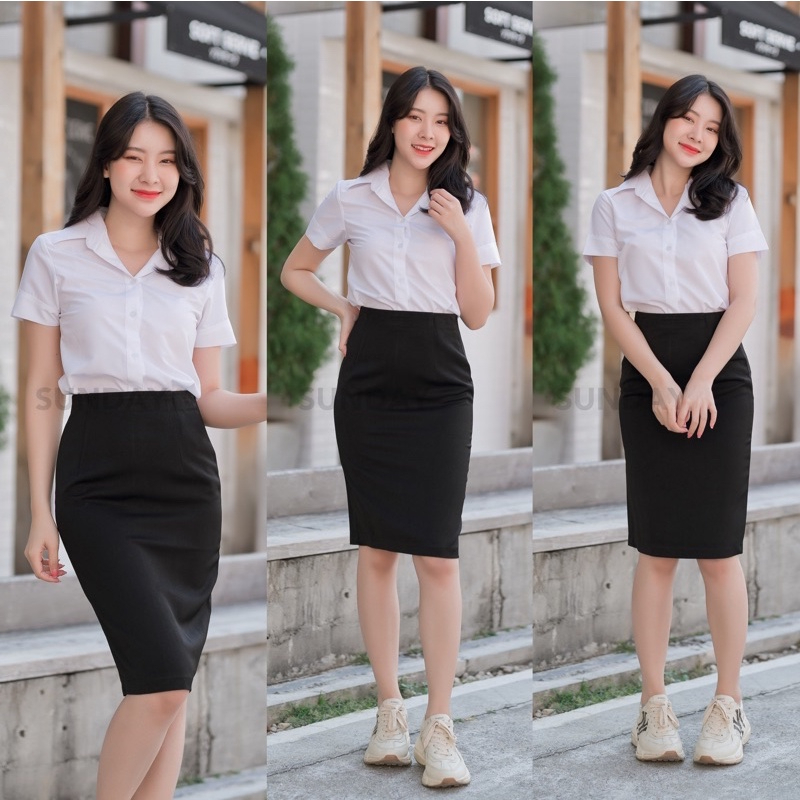 เสื้อผ้าแฟชั่นผู้หญิง กระโปรงทรงเอ ยาว 20 22 24 26 กระโปรงนักศึกษา ผ้ายืดฮานาโกะผ่าหลังทับ กระโปรงนักศึกษาทรงเอ sundayuniform