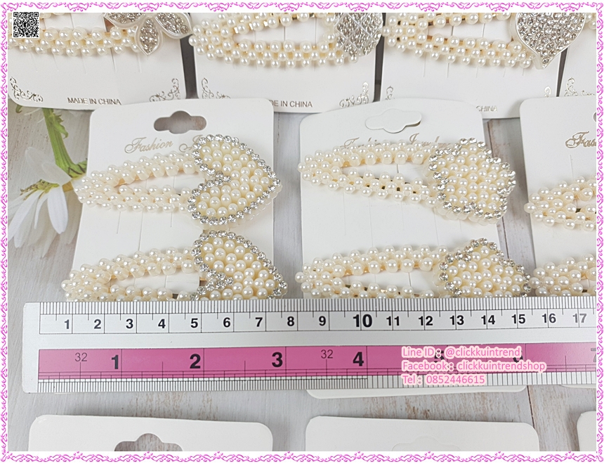 กิ๊บป๊อกแป๊ก มุก เพชรข้าง/ขอบเพชร แผง 2 ชิ้น (กิ๊บยาว 7.5-8 ซ.ม.) ขายส่ง เซต 10 แผง