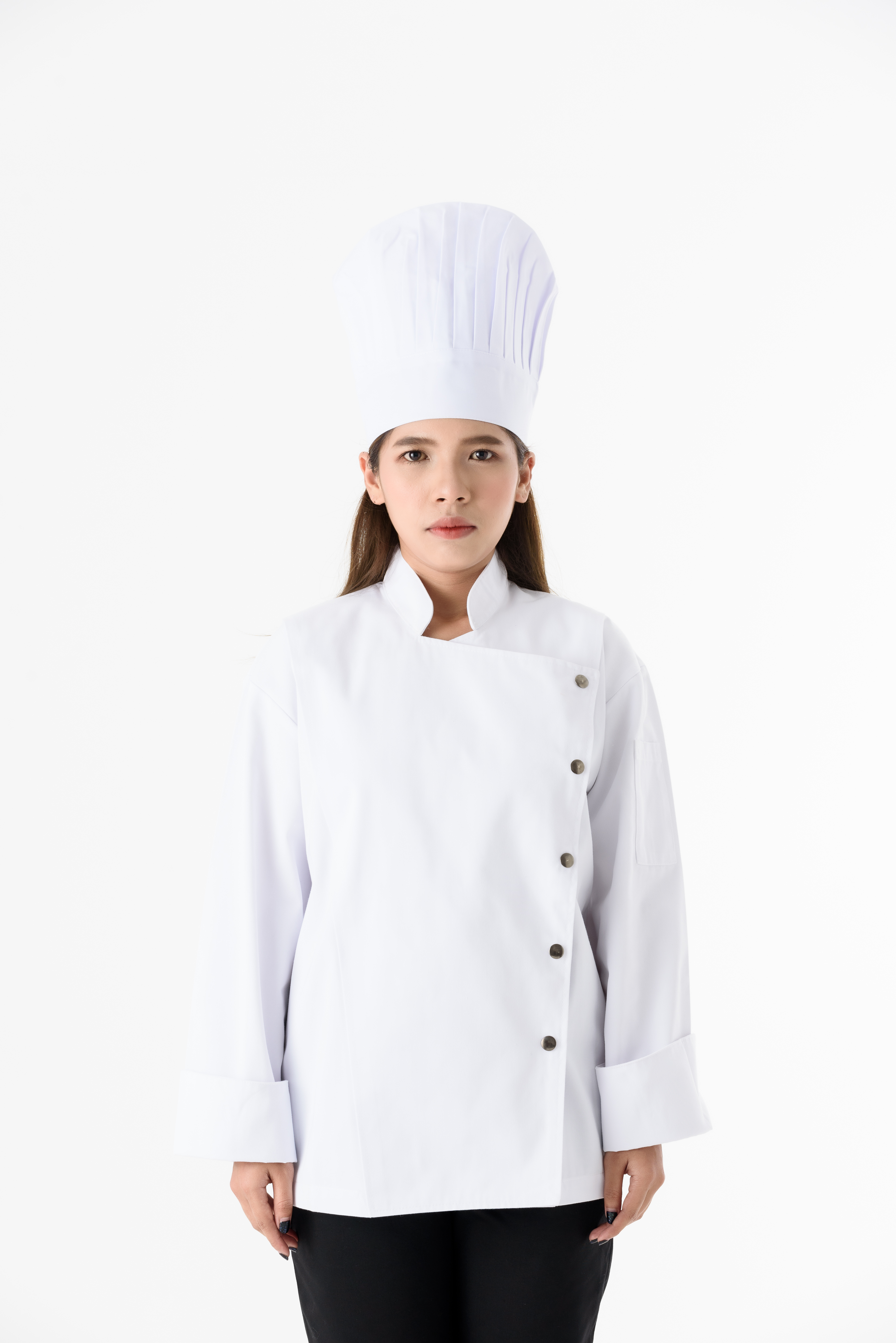 DFS023 Chef Jacket in white with metal snap botton เสื้อเชฟสากล สีขาว กระดุมแป็กด้านซ้าย