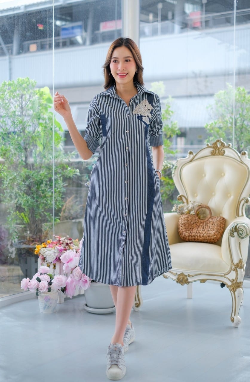 ชุดยีนส์ #8335 ลายริ้วปักลายสัตว์เก๋มาก ผ้ายีนส์แท้เนื้อนิ่ม ใส่สบาย ไม่ร้อน ใส่ได้หลายโอกาส