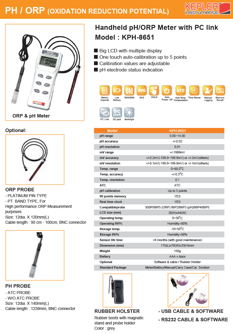 เครื่องวัดค่าความเป็นกรด-ด่างแบบมือถือ (Handheld pH/ORP Meter) แบรนด์ : KEPLER รุ่น : KPH-8651