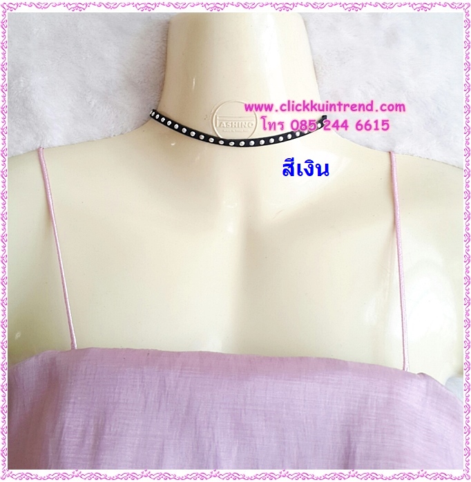 สร้อยคอโชคเกอร์ เชือกหนังสีดำ แต้มจุดสีเงิน