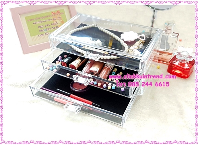 กล่องอะคลิลิกเนื้อหนา สำหรับจัดระเบียบ อุปกรณ์แต่งหน้า /หรือใส่เครื่องประดับ มี 3 ชั้น