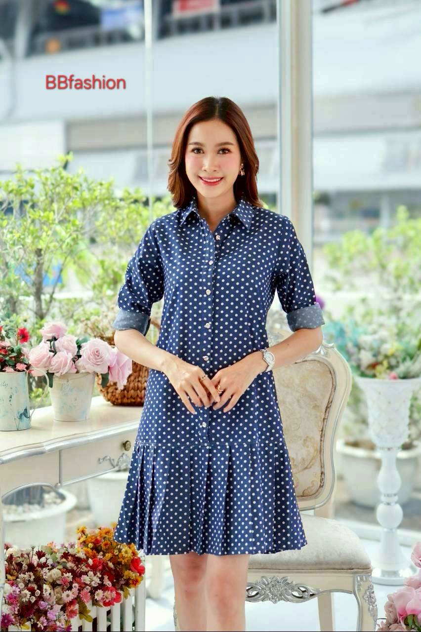 เดรสยีนส์ #8730 ผ้ายีนส์เนื้อนิ่มคอเชิ้ตแต่งระบายชายน่ารัก แบบสวยใส่ได้หลายโอกาส