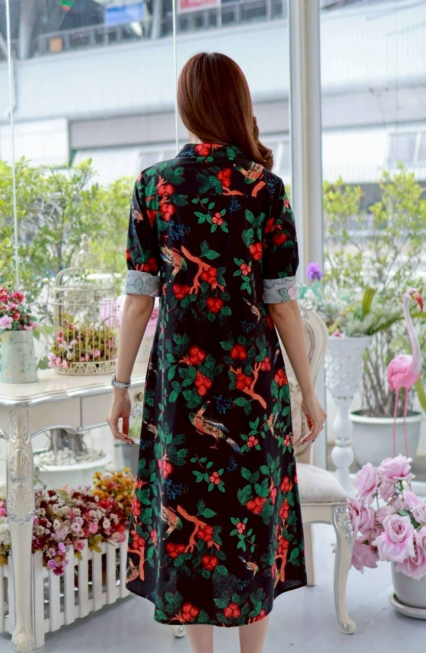 เดรสลินินผสมฝ้าย #8410 ชุดสีดำพิมพ์ลายสวยหรู ผ้าดีเนื้อนิ่มใส่สบายแบบสวยใส่ได้หลายโอกาส