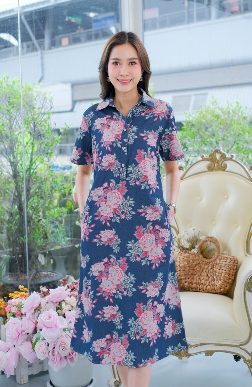 ชุดยีนส์ #8699 เดรสยีนส์พิมพ์ลายสวยหรู ผ้ายีนส์แท้เนื้อนิ่มแบบสวย ใส่สบายส่ได้หลายโอกาส