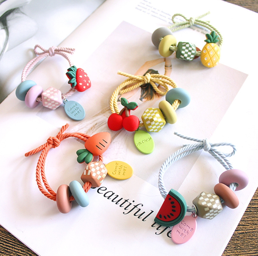 ยางรัดผม สีหวาน 2เส้น ร้อยลูกปัด และผลไม้พลาสติก งานสไตล์เกาหลี ขายส่ง เซต 10 ชิ้น