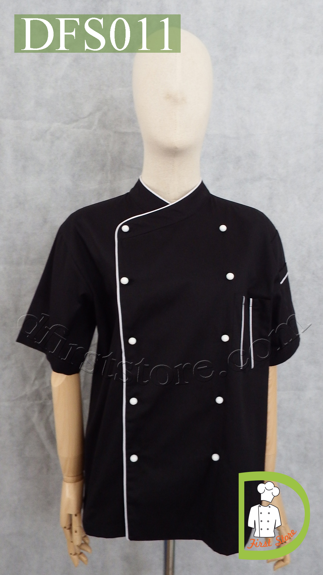DFS011 Chef Uniform ชุดเชฟสากล (black with white piping and white buttons, สีดำ)