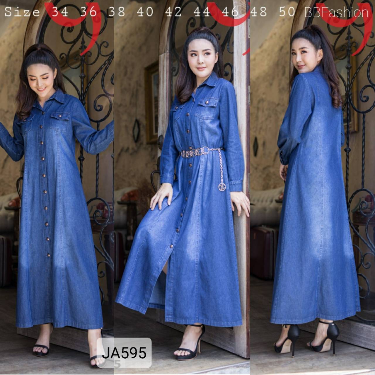เดรสยีนส์ JA595-36 ผ้ายีนส์แท้เนื้อนิ่มไม่หนา แบบสวย ใส่สบาย