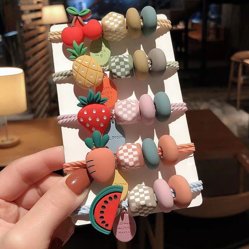 ยางรัดผม สีหวาน 2เส้น ร้อยลูกปัด และผลไม้พลาสติก งานสไตล์เกาหลี ขายส่ง เซต 10 ชิ้น