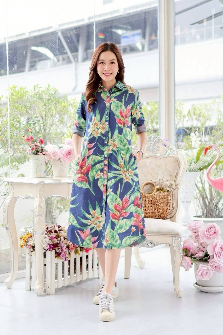 ชุดยีนส์ #8501-5 เดรสยีนส์พิมพ์ลายดอกไม้สวยหรู ผ้ายีนส์แท้เนื้อนิ่มแบบสวย ใส่สบายใส่ได้หลายโอกาส