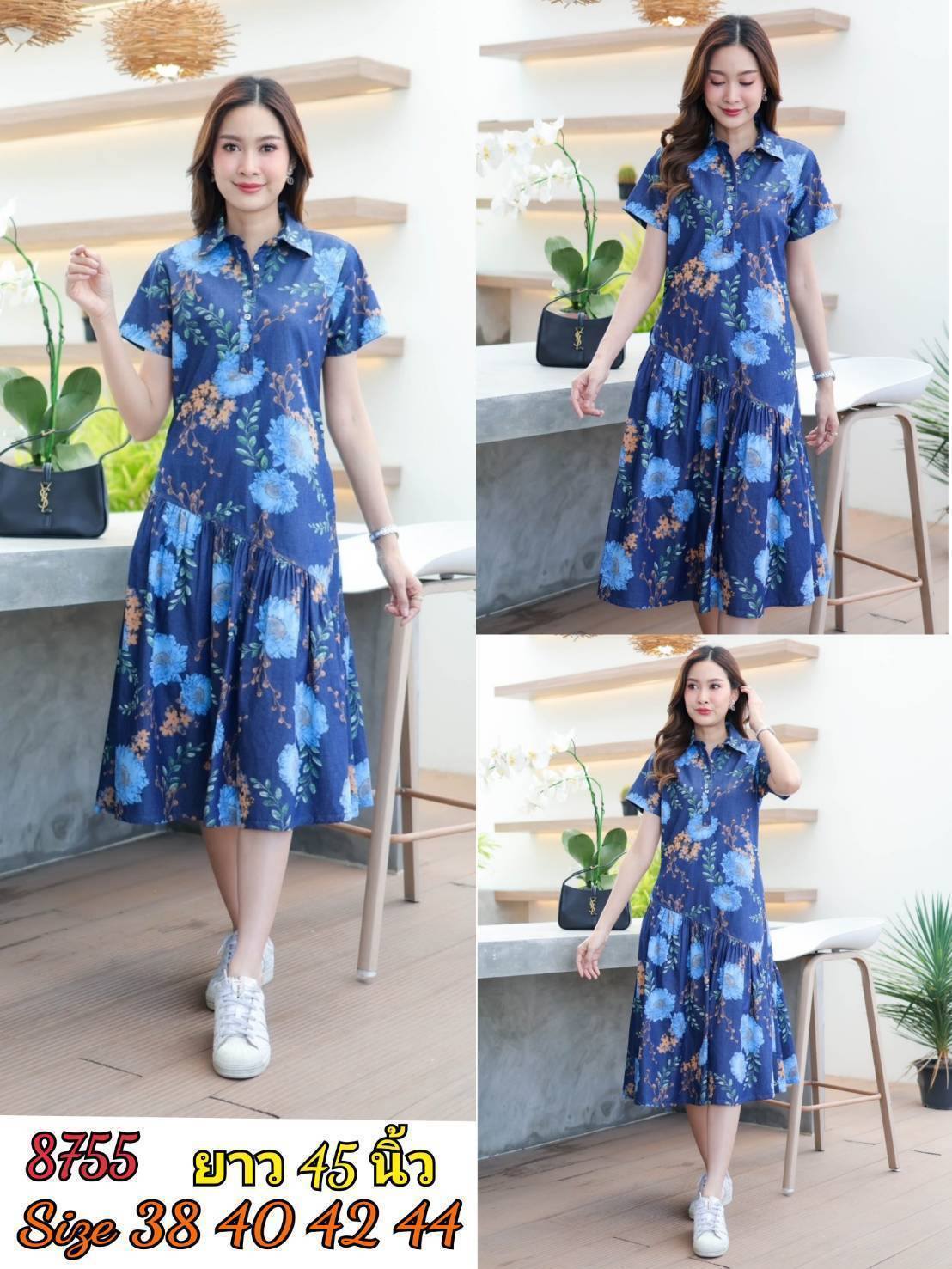 เดรสยีนส์ #8755 ชุดเดรสพิมพ์ลายดอกไม้แต่งระบายชายสวยมาก ผ้ายีนส์เนื้อนิ่มไม่หนาใส่สบาย แบบสวยหวานใส่ได้หลายโอกาส