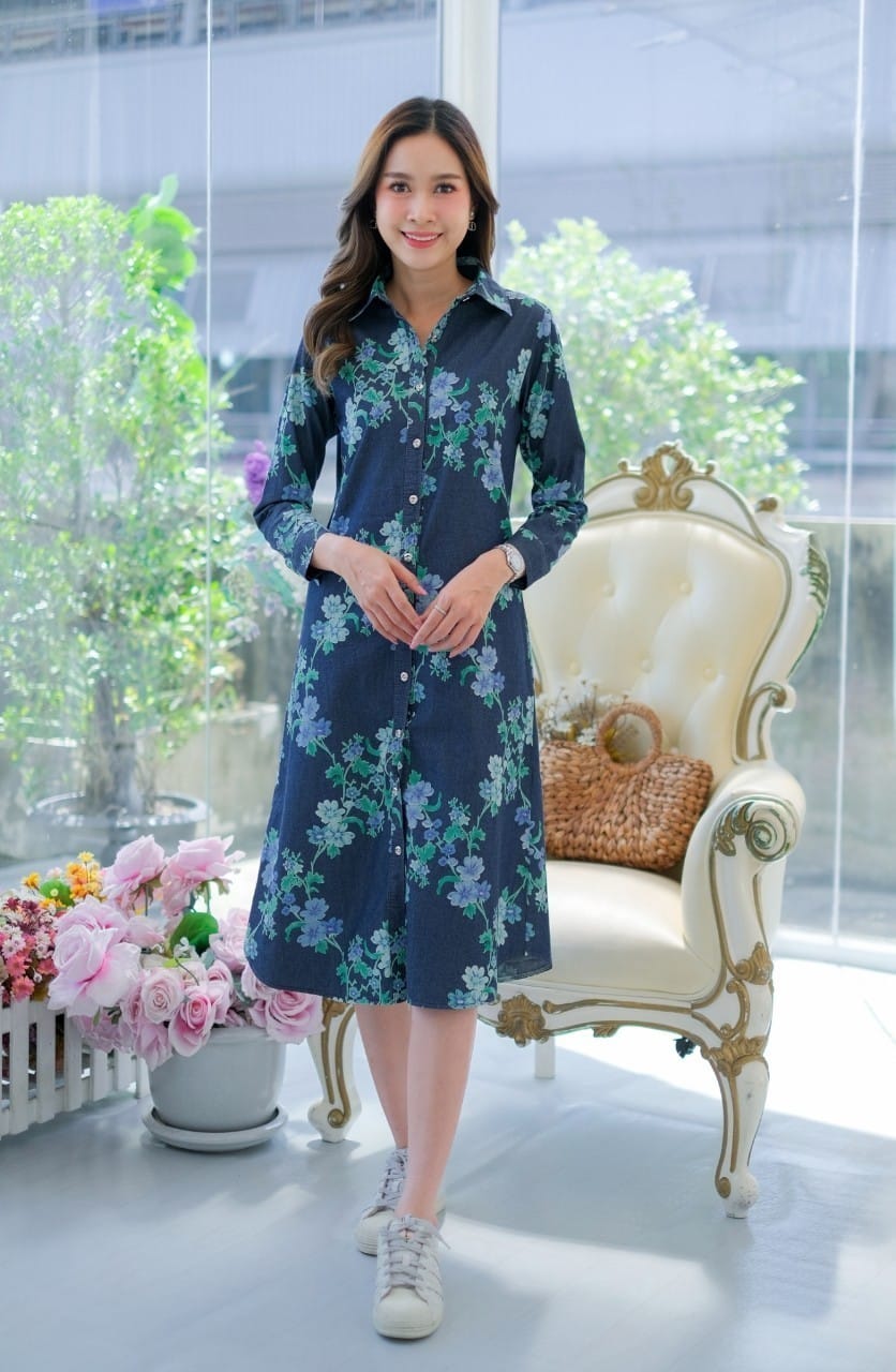 ชุดยีนส์ #8525 เดรสยีนส์แบบสวยพิมพ์ลายดอกไม้สวยหรู ผ้ายีนส์เนื้อนิ่มไม่หนา ใส่สบาย สินค้าขายดี