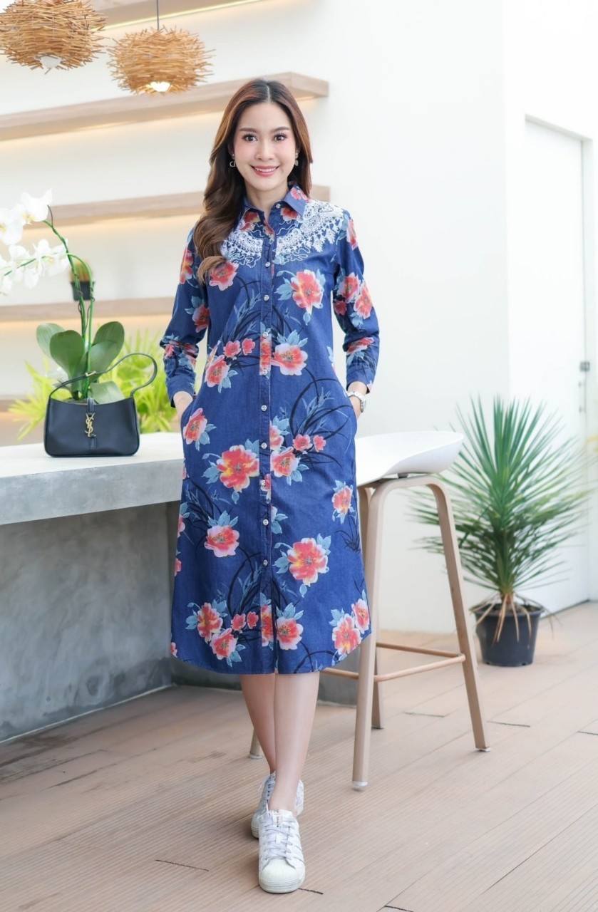 ชุดยีนส์ #8837-3 เดรสยีนส์พิมพ์ลายดอกไม้แต่งงานฉลุสวยหรูทั้งด้านหน้าและหลัง ผ้ายีนส์แท้เนื้อนิ่ม ใส่สบาย แบบสวยใส่ได้หลายโอกาส