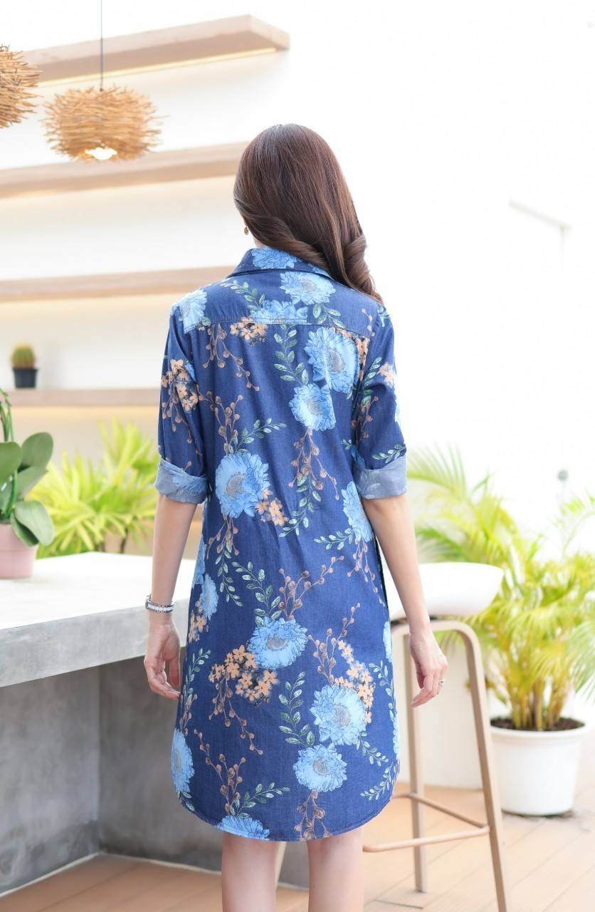 เดรสยีนส์ # 8758 ชุดยีนส์แบบสวยพิมพ์ลายสดใสสวยมาก ผ้ายีนส์ไม่หนา ใส่สบาย แบบสวยใส่ได้หลายโอกาส
