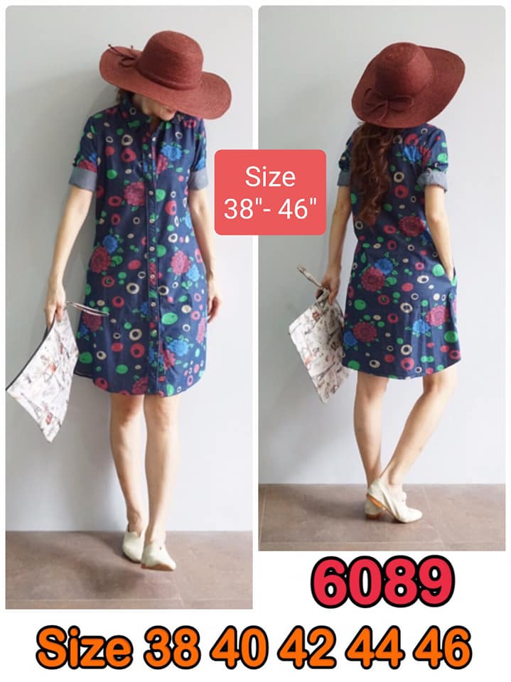 Size 38" / 40" / 42" / 44" /46" เดรสยีนส์ลายดอกไม้คอเชิ้ต (ชุดยีนส์ ชุดแซก) ผลิตจากผ้ายีนส์เนื้อนิ่ม ใส่สบาย ไม่ร้อน พิมพ์ลายดอกไม้สวยมาก