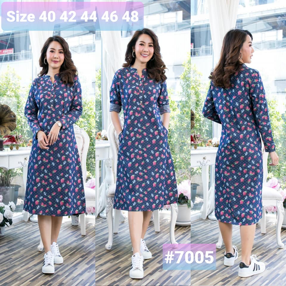Size 40" 42" 44" 46" เดรสยีนส์คอจีน ลายสตอเบอรี่ จากผ้ายีนส์่เนื้อนิ่มไม่หนา ใส่สบาย สีไม่ตกไม่หด ใส่ได้หลายโอกาส