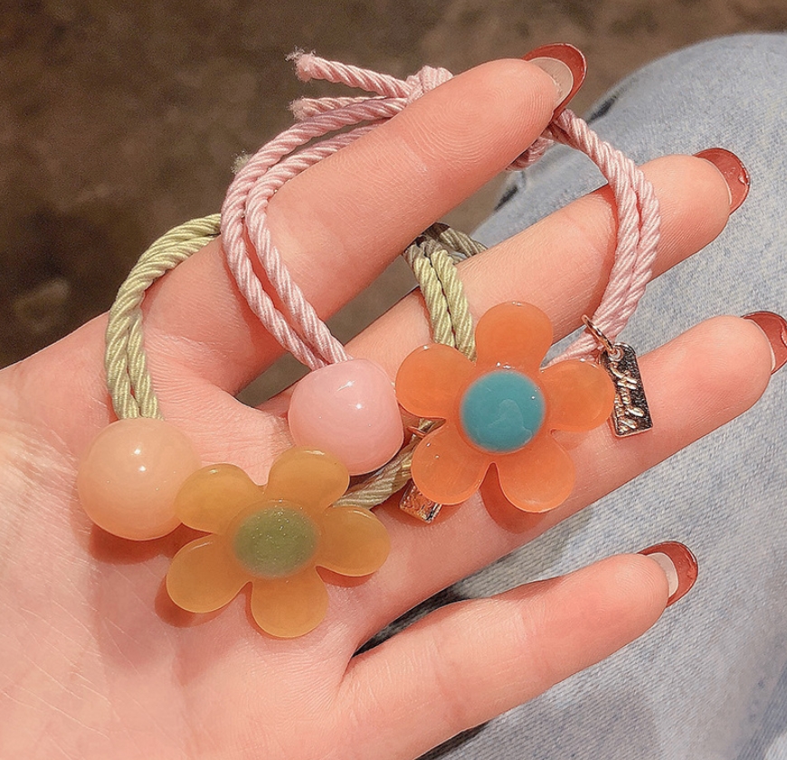 ยางรัดผม สีหวาน 2เส้น ร้อยลูกปัดดอกไม้ งานสไตล์เกาหลี ขายส่ง เซต 10 ชิ้น