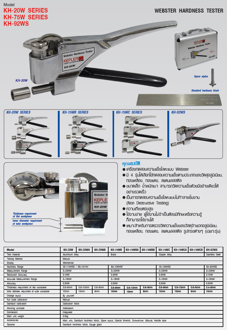 เครื่องวัดและทดสอบความแข็งของสแตนเลสแบบ Webster (Webster Hardness Tester) แบรนด์ : KEPLER รุ่น : KH-92WS