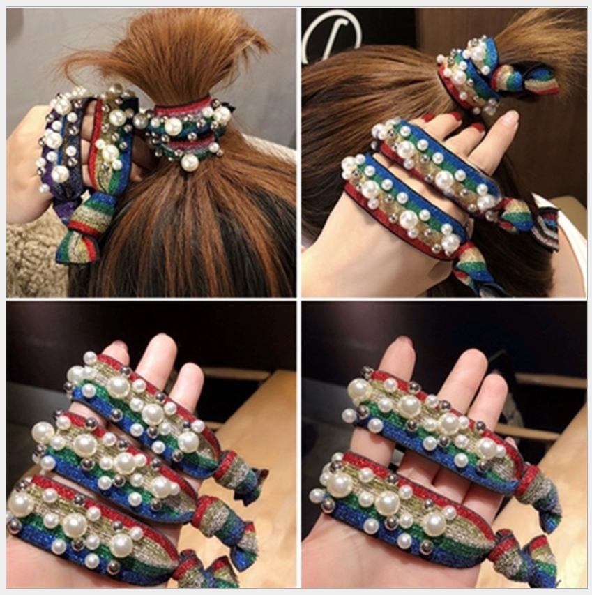 ยางรัดผม แบบยางยืดลายสีรุ้ง เส้นหนา ปักมุกรอบเส้น(รุ่นมุกน้อย) งานสไตล์เกาหลี ขายส่ง เซต 10 ชิ้น