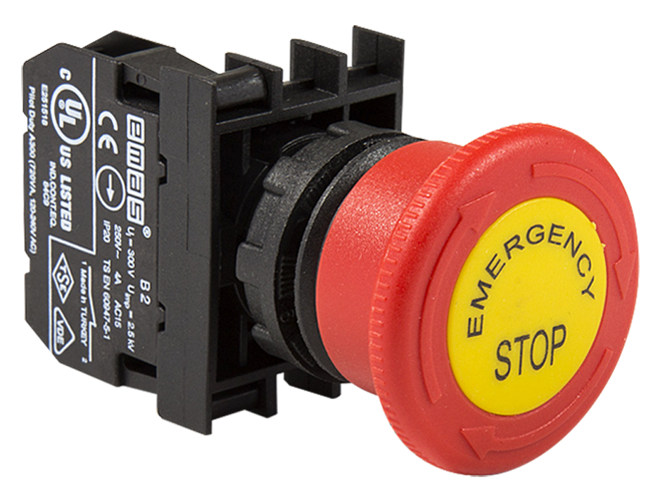 ปุ่มกดฉุกเฉิน (Emergency Stop) 22mm. รุ่น B200EE หน้าสัมผัส 1NC พร้อมแผ่นเพลท แบรนด์ EMAS