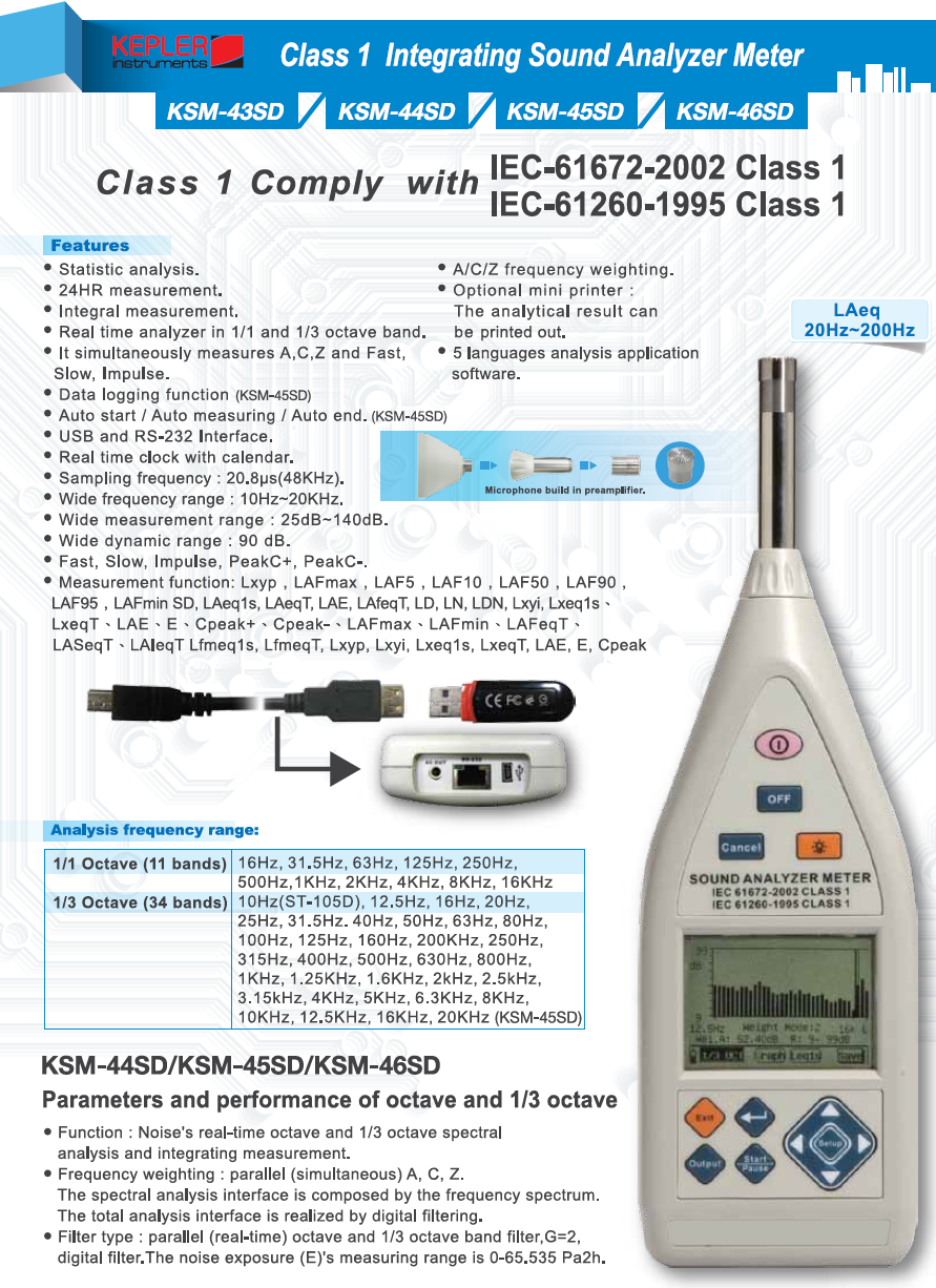 เครื่องวัดระดับเสียงคลาส 1 (Class 1 Integrating Sound Analyzer Meter) แบรนด์ : KEPLER รุ่น : KSM-43SD