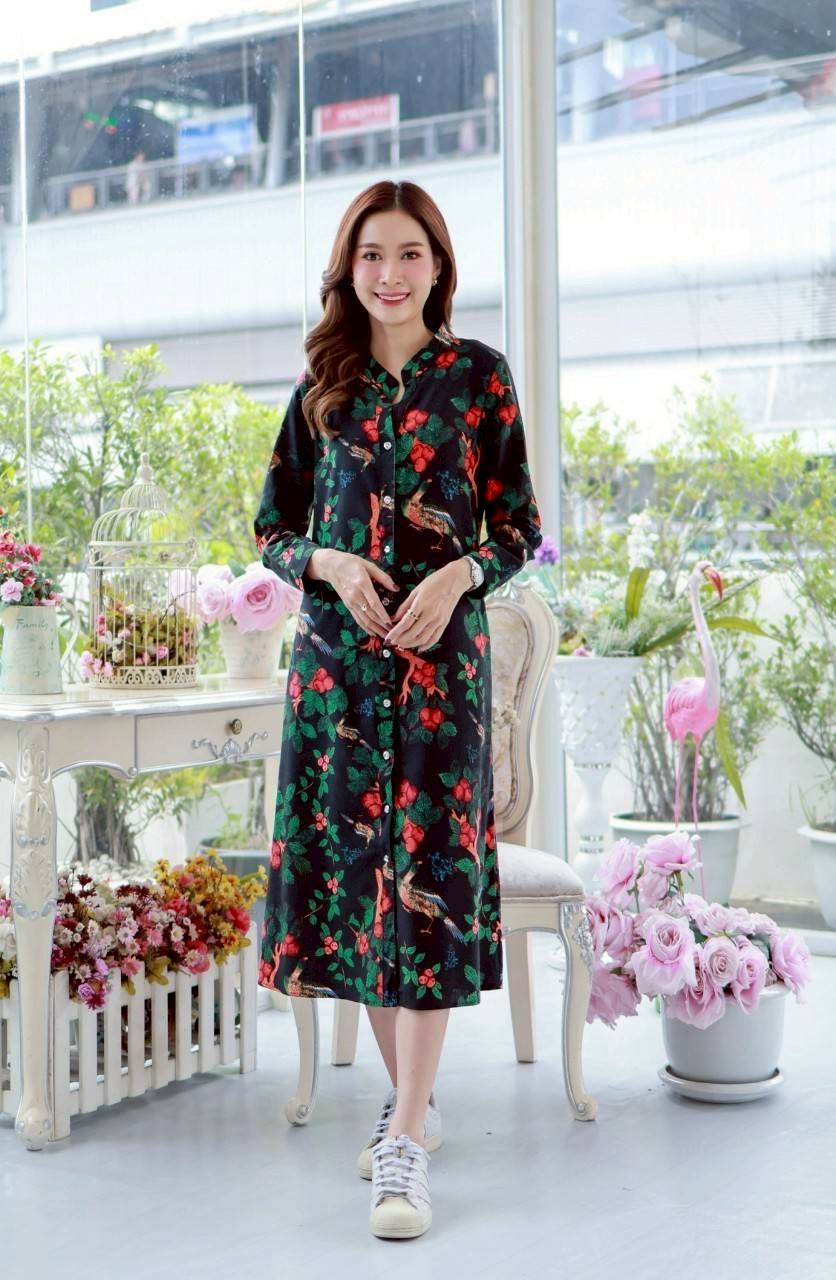 เดรสลินินผสมฝ้าย #8410 ชุดสีดำพิมพ์ลายสวยหรู ผ้าดีเนื้อนิ่มใส่สบายแบบสวยใส่ได้หลายโอกาส