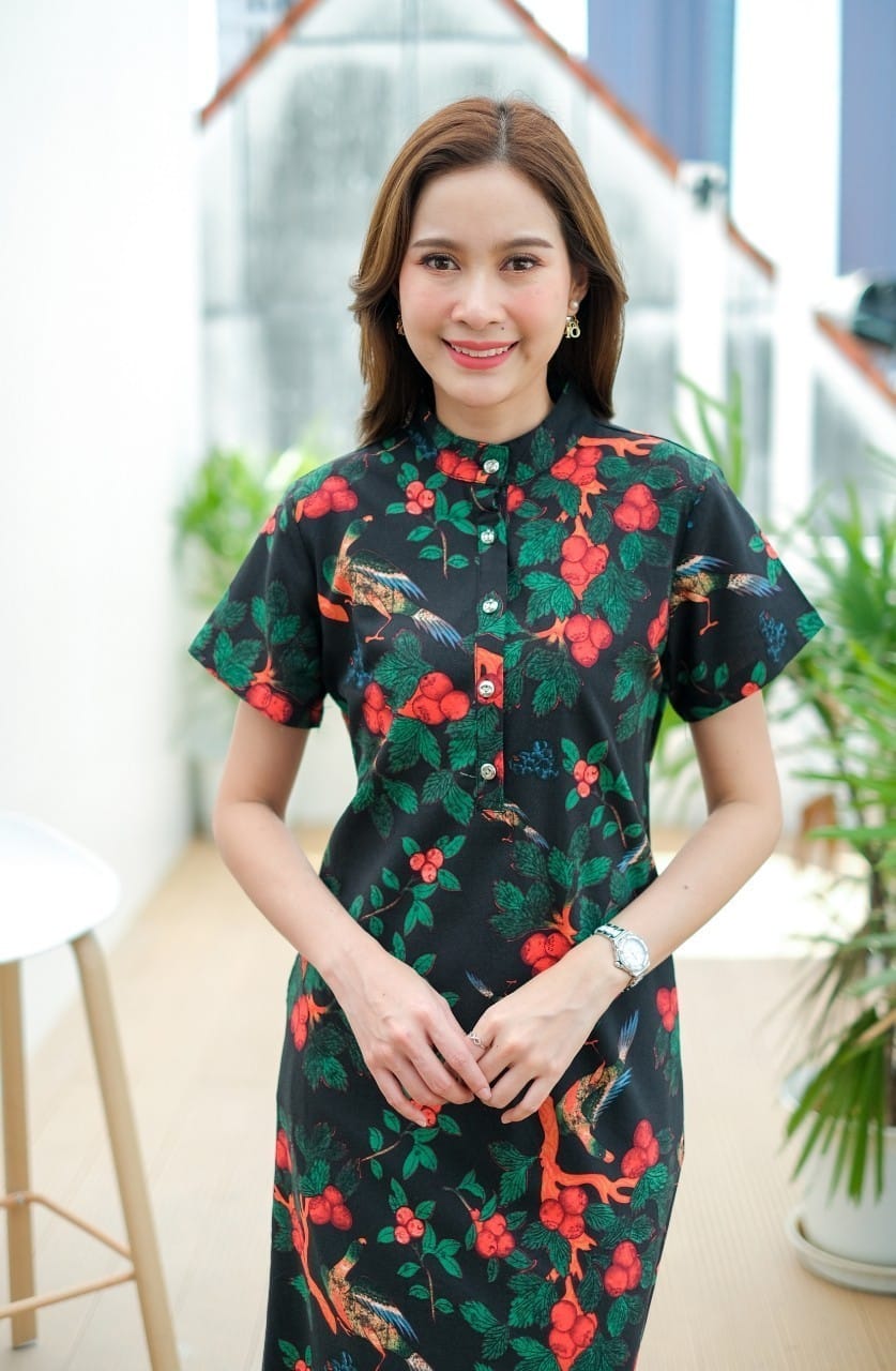 เดรส #8419 ลินินผสมฝ้ายพิมพ์ลายดอกไม้สีสดใส ผ้าดีเนื้อนิ่ม ใส่สบาย ไม่ร้อน แบบสวยใส่ได้หลายโอกาส
