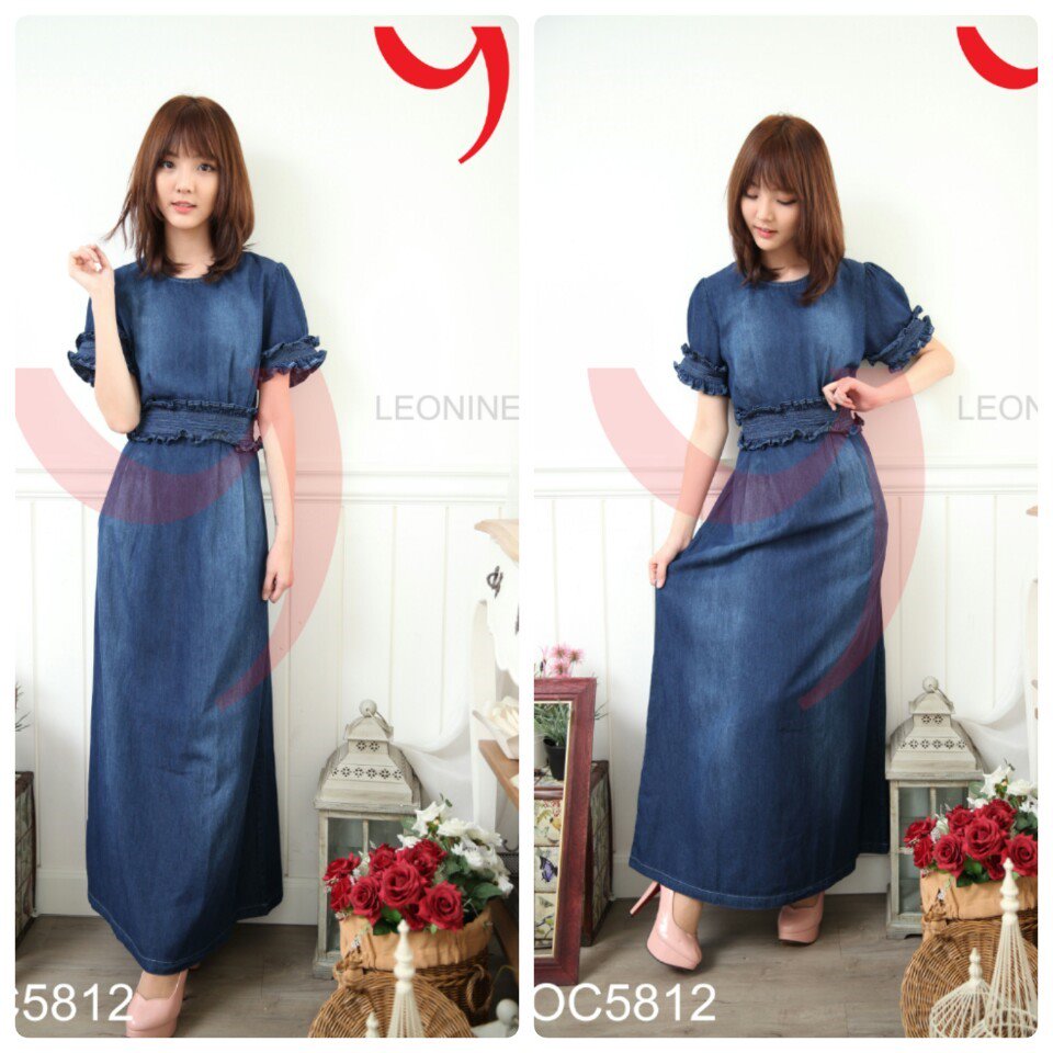 สวยมากแม๊กซี่เดรสยาวคอกลม(ไซส์อก36",38") แต่งระบายแขนและเอวแบบเก๋ๆ มีสม็อคเอว ซิปซ่อนด้านหลัง