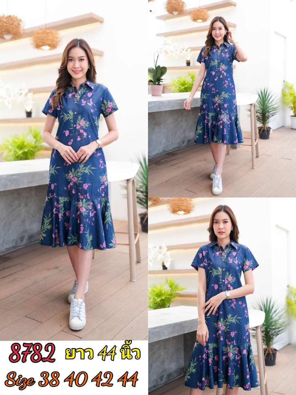 เดรสยีนส์ #8782 ชุดเดรสพิมพ์ลายดอกไม้สวยมาก ผ้ายีนส์เนื้อนิ่มไม่หนาใส่สบาย แบบสวยหวานใส่ได้หลายโอกาส