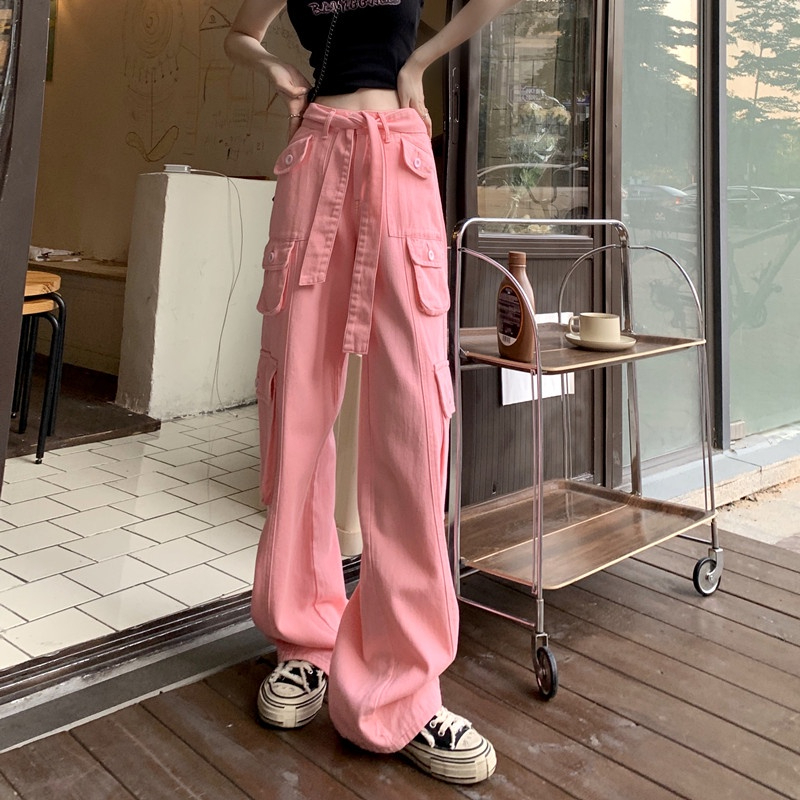 เสื้อผ้าแฟชั่นผู้หญิง กางเกง ลำลองวินเทจสีชมพู อเมริกัน เอวสูง คาร์โก้ หลายกระเป๋า bella 004