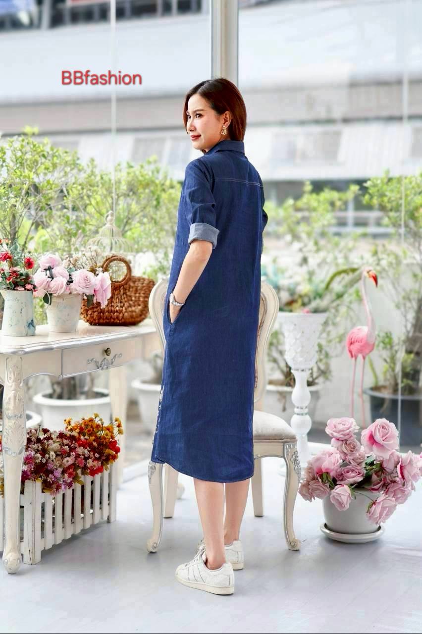 ชุดยีนส์ #8563 เดรสยีนส์ปักลายดอกไม้สวยหรู ผ้ายีนส์เนื้อนิ่มใส่สบายไม่ร้อน แบบสวยใส่ได้หลายโอกาส